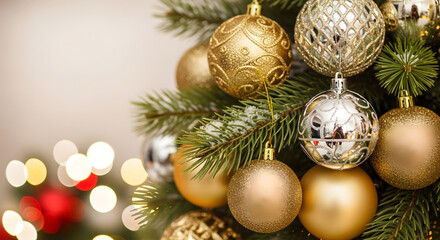 Elegant Christmas Background with Gold and Silver Baubles on Snowy Pine Branch generated ai
