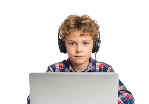 Young boy with curly blond hair wearing headphones and a plaid shirt looking at a laptop isolated on transparent background