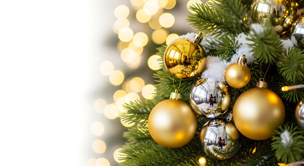 Elegant Christmas Background with Gold and Silver Baubles on Snowy Pine Branch generated ai
