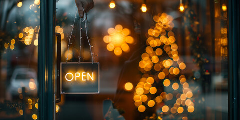 Glass storefront with a glowing "OPEN" sign during the Christmas season