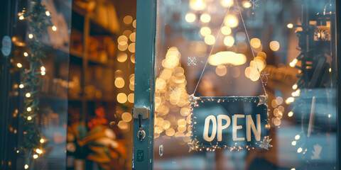 Glass storefront with a glowing "OPEN" sign during the Christmas season