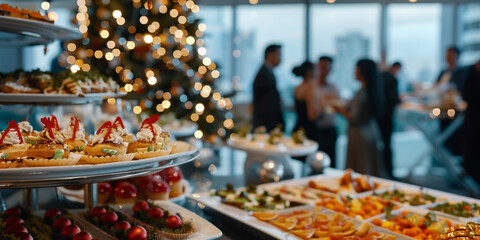 Corporate Christmas celebration in a modern office with a beautifully decorated dessert table. Assorted festive sweets and holiday pastries with blurred employees socializing near a Christmas tree