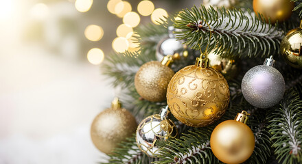 Elegant Christmas Background with Gold and Silver Baubles on Snowy Pine Branch generated ai