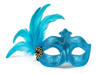 a close up view of a shimmering turquoise masquerade mask with elegant feather detailing and a gold accent embellishment is shown