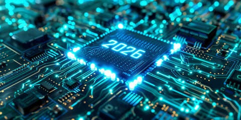 Close-up of a glowing computer microchip with the year 2026 illuminated at the center, surrounded by blue circuitry and electronic components