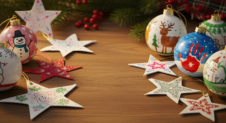 andmade Children's Christmas Ornaments with Paper Stars in Soft Light