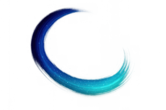 Abstract blue crescent light trail transforming from dark to light on transparent background