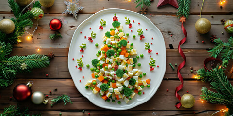 Festive Olivier salad arranged in the shape of a Christmas tree on a white plate, decorated with soft-boiled eggs, vegetables, herbs, and edible glitter.