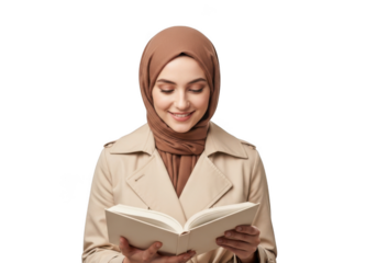 Young woman wearing a stylish hijab and a light colored trench coat reads an open book with a gentle smile isolated on transparent background
