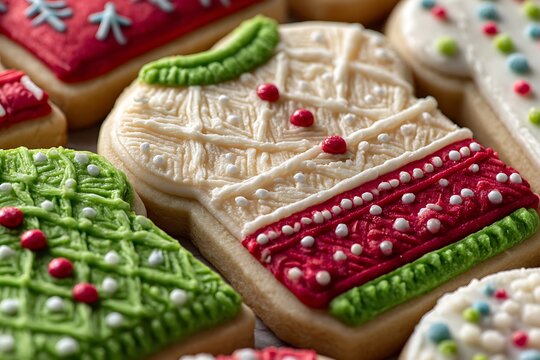 A detailed shot of a Christmas cookie decorated like a sweater with knitted pattern icing and tiny pearlized candy buttons 