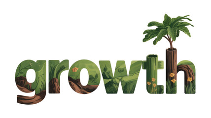 The word 'growth' is artfully illustrated using lush green plants, rich soil, roots, and delicate flowers, symbolizing natural development and ecological vitality. background removed