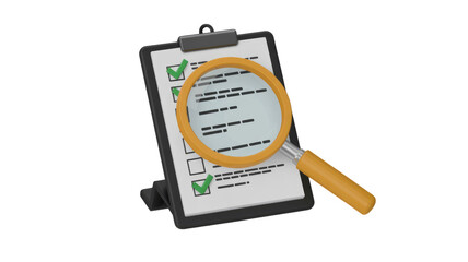3D render of a checklist on a clipboard with checked items, under a magnifying glass. Symbolizes review, inspection, analysis, or task verification. background removed