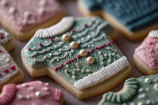 A detailed shot of a Christmas cookie decorated like a sweater with knitted pattern icing and tiny pearlized candy buttons  - Powered by Adobe