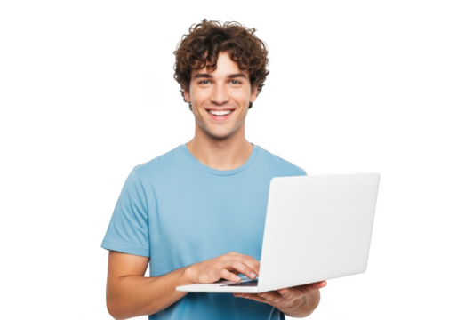 Smiling young man with curly hair wearing a light blue t shirt holding and typing on a white laptop computer isolated on transparent background