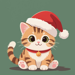 Cute orange tabby cat cartoon vector with green eyes, Santa hat, and bell collar on green background. Perfect for Christmas themed designs, holiday cards, and festive seasonal illustrations.
