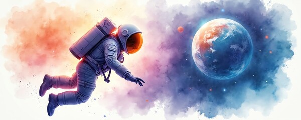 Fototapeta premium Astronaut floats in cosmic space near Earth. Colorful nebula clouds and stars surround the figure. The illustration shows exploration and wonder of the universe.