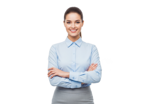 Professional businesswoman with arms crossed smiling confidently isolated on transparent background