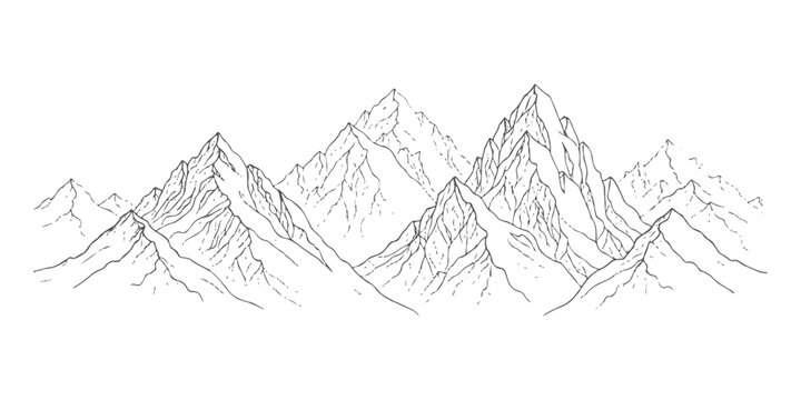 Minimalist hand-drawn mountain range line art illustration on white background
