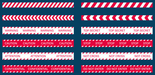 Warning and caution tape icons set. Red and black restriction line seamless tape with warning, caution, attention, confidential, do not cross text. Safety ribbon symbol. Top secret sign. Vector icons.