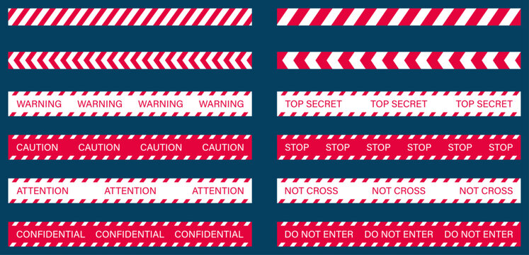 Warning and caution tape icons set. Red and black restriction line seamless tape with warning, caution, attention, confidential, do not cross text. Safety ribbon symbol. Top secret sign. Vector icons.