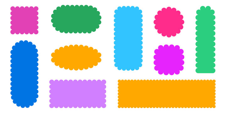 Colorful geometric forms with scalloped edges, empty laced sticker, shapes with frilly borders, squiggly wavy textboxes frames