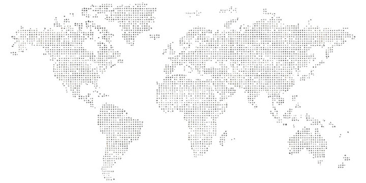 Dotted world map with digital grid pattern representing global network data