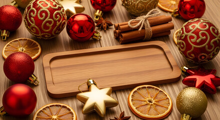 Christmas Flat Lay: Red & Gold Ornaments on Wood with Cinnamon & Orange Slices  generated ai