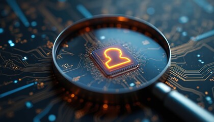 Magnifying glass over cpu chip with human outline. Circuit board with orange lights. Computer analysis of personal data. Tech innovation concept.