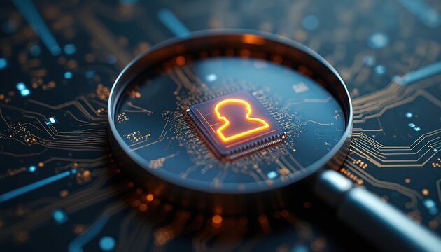 Magnifying glass over cpu chip with human outline. Circuit board with orange lights. Computer analysis of personal data. Tech innovation concept. - Powered by Adobe
