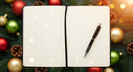Blank Open Notebook Mockup Vector on Festive Christmas Decor Background generated ai