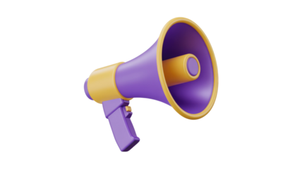 Vibrant 3D purple and gold megaphone, perfect for announcements, marketing, and communication. A glossy icon representing attention and promotion. background removed