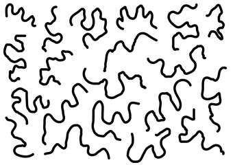 Set of abstract curly line shapes in bold black strokes. Organic, irregular, and freeform elements suitable for backgrounds, pattern design, doodle accents, and modern graphic compositions.