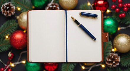 Blank Open Notebook Mockup Vector on Festive Christmas Decor Background generated ai