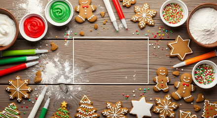 Christmas Gingerbread Cookie Decorating Flat Lay on Rustic Wood generated ai