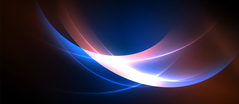 Abstract light curves radiate, blending blue, orange, white hues. Dark background emphasizes glowing shapes, creating dynamic visual effect.