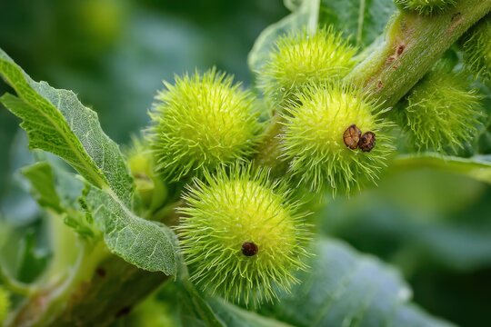 Detailed Close-Up of Xanthium Strumarium: Rugged Green Seeds and Leaves Showcasing Nature's Intricate Plant Life