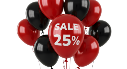 Red and black balloons with sale 25 percent discount isolated on transparent background