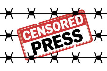 Powerful censored press symbol with barbed wire signifying suppression of information and journalistic freedom struggles