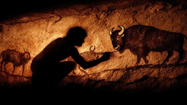 Silhouette of ancient caveman drawing animals on cave wall in a prehistoric setting showcasing early human creativity and expression