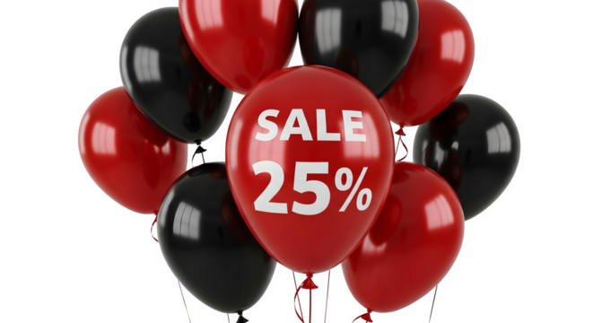 Red and black balloons with sale 25 percent discount isolated on transparent background