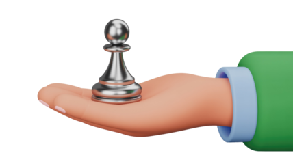 A stylized 3D cartoon hand, featuring a blue cuff, gently holds a gleaming silver chess pawn, isolated against a transparent background. background removed