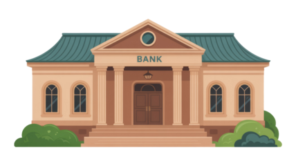 Illustrated classical bank building with columns, steps, and a 'BANK' sign. A grand, secure financial institution ideal for business visuals. background removed