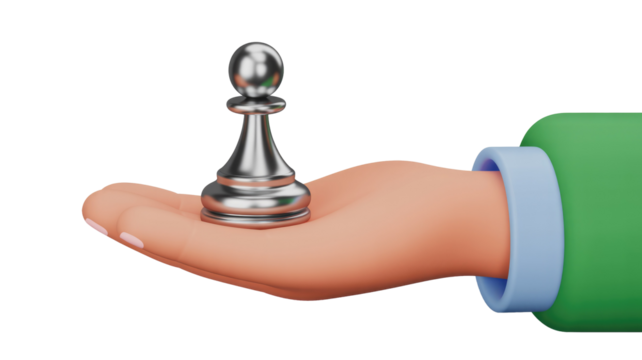 A stylized 3D cartoon hand, featuring a blue cuff, gently holds a gleaming silver chess pawn, isolated against a transparent background. background removed