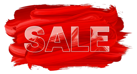 Bold red paint brush stroke with white sale text isolated on transparent background