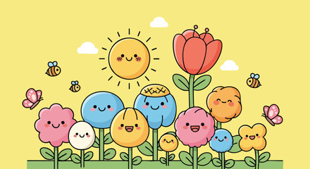 Whimsical cartoon garden with smiling flowers sun butterflies and bees on a bright yellow background
