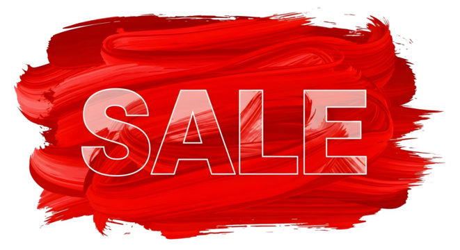 Bold red paint brush stroke with white sale text isolated on transparent background