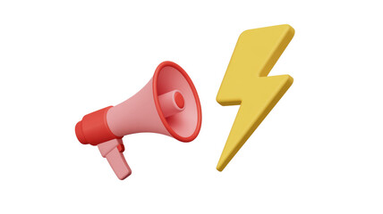 A 3D render of a pink megaphone and a yellow lightning bolt, symbolizing urgent announcements or powerful messages. background removed