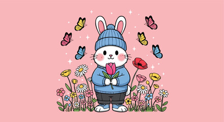 Adorable cartoon bunny in a winter hat holding a tulip surrounded by blooming flowers and fluttering butterflies