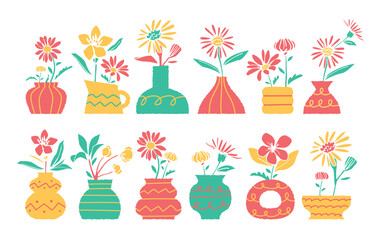 Fototapeta premium Retro Floral Vase Illustration Set — Colorful Hand-Drawn Flower Clipart Collection