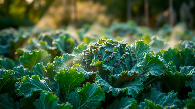 Lush kale leaves bask in misty morning tranquility, celebrating World Vegetarian Day and Sukkot's harvest festival bounty
